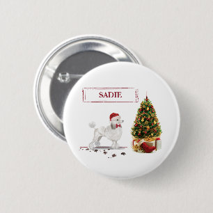 Badge Rond 5 Cm Caniche blanc Chien de Noël drôle avec arbre