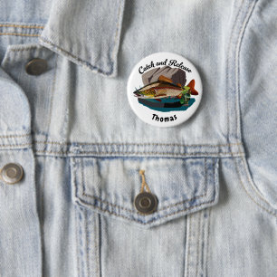 Badge Rond 5 Cm Capter Et Libérer La Truite Brown Dans Un Habitat 