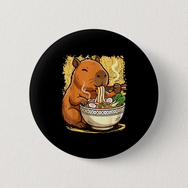 Badge Rond 5 Cm Capybara Eating Ramen Noodles  (Devant)