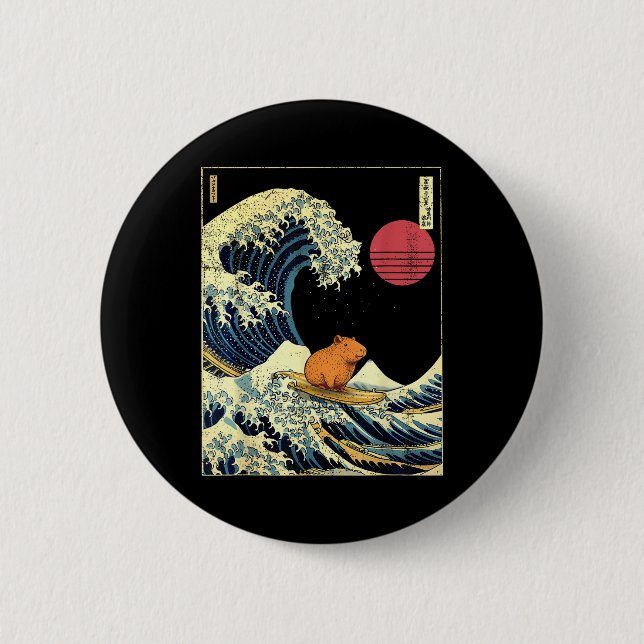 Badge Rond 5 Cm Capybara Japanese Kanagawa Wave Funny Surf Animal  (Devant)