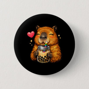 Badge Rond 5 Cm Capybara Mignon Kawaii Boit du Thé aux Perles