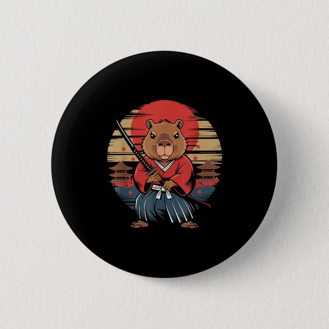 Badge Rond 5 Cm Capybara Samouraï Japonais (Devant)