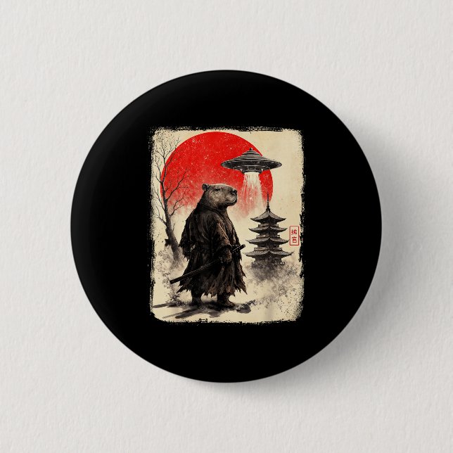 Badge Rond 5 Cm Capybara Samurai Retro Ufo Japanese Warrior Tenshu (Devant)