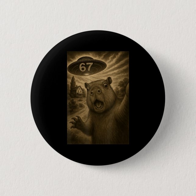 Badge Rond 5 Cm Capybara Selfie 67 Mème Six Sept Drôle d'Ufo  (Devant)