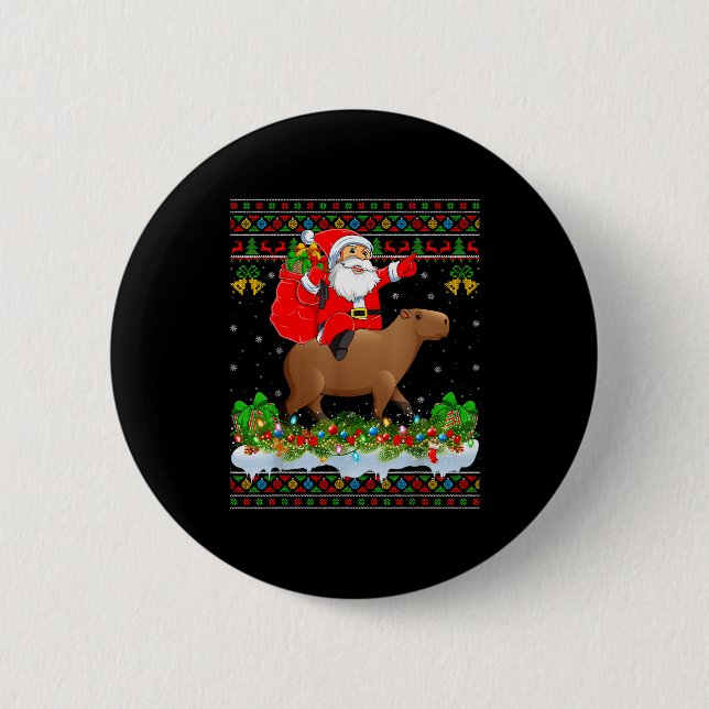 Badge Rond 5 Cm Capybara Xmas Pajamas Ugly Santa Riding Capybara C (Devant)