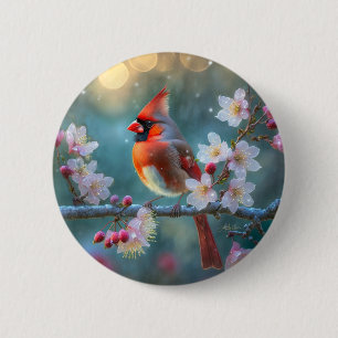 Badge Rond 5 Cm Cardinal masculin en fleurs de cerisiers au clair 