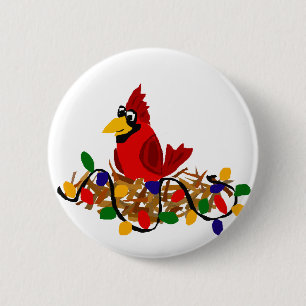Badge Rond 5 Cm Cardinal rouge drôle dans le nid avec des lumièr
