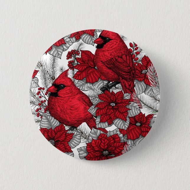 Badge Rond 5 Cm Cardinaux et poinsettia en rouge et blanc (Devant)