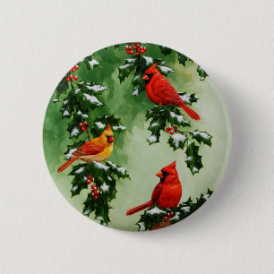 Badge Rond 5 Cm Cardinaux rouges du Nord et houx