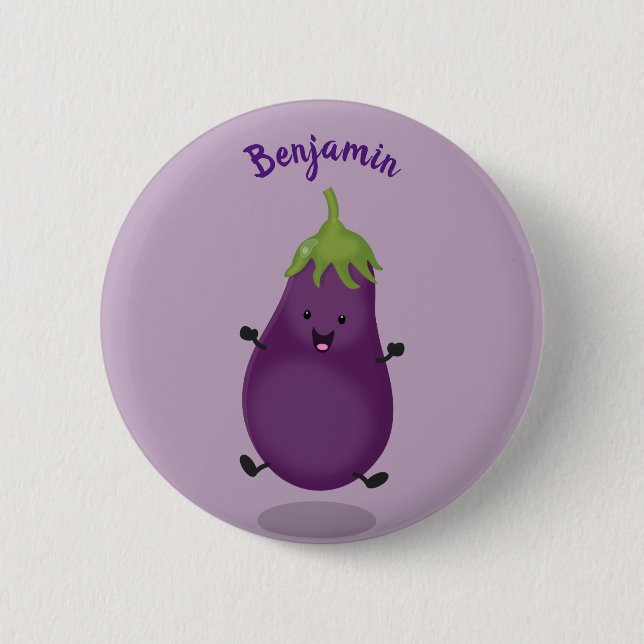 Badge Rond 5 Cm Caricature d'aubergine d'aubergine joliment heureu (Devant)