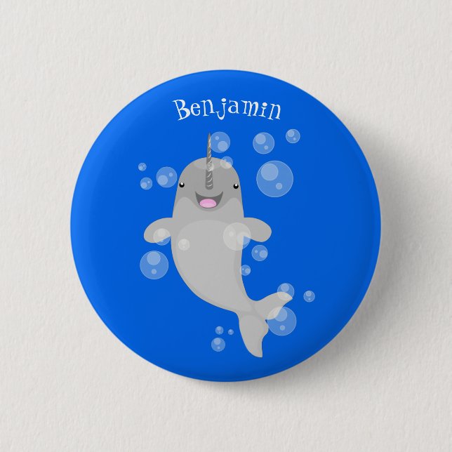 Badge Rond 5 Cm Caricature de bulles de narval joyeux (Devant)