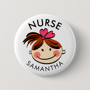 Badge Rond 5 Cm Caricature de Cute Brunette Nom de l'infirmière