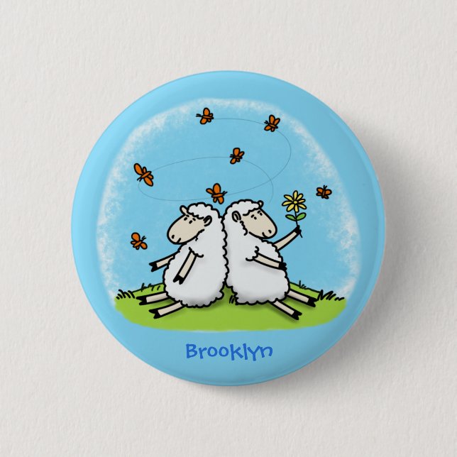 Badge Rond 5 Cm Caricature de moutons mignons amis et papillons (Devant)