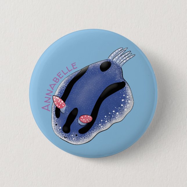 Badge Rond 5 Cm Caricature de nudibranche bleu mignon (Devant)