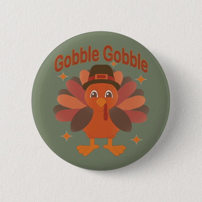 Badge Rond 5 Cm Caricature de Turquie Thanksgiving - "Gobble Gobbl (Devant)