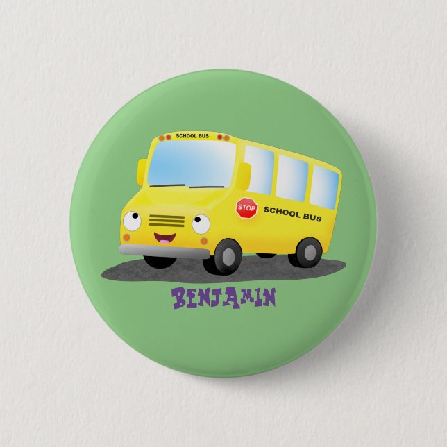 Badge Rond 5 Cm Caricature du bus scolaire jaune joyeux (Devant)