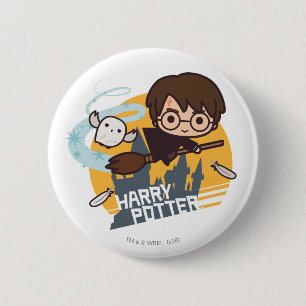 Badge Rond 5 Cm Caricature Harry et Hedwig Flying Passé Hogwares