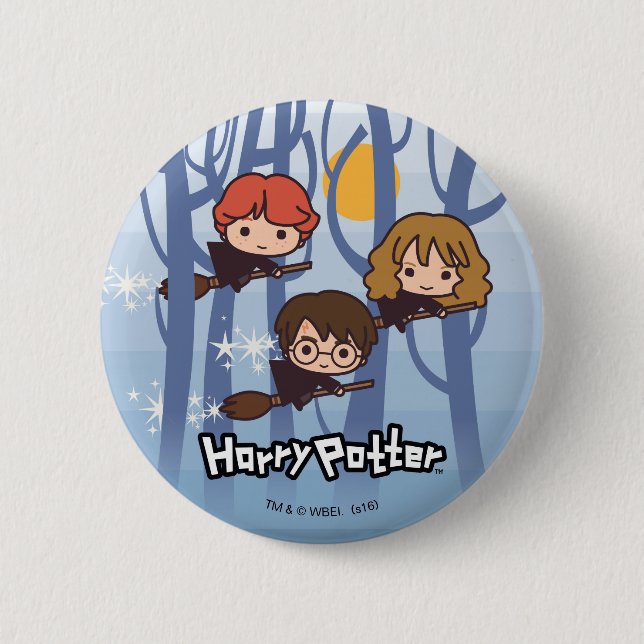 Badge Rond 5 Cm Caricature Harry, Ron, & Hermione Voler Dans Woods (Devant)