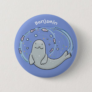 Badge Rond 5 Cm Caricature joyeux de phoque et de poisson bleu