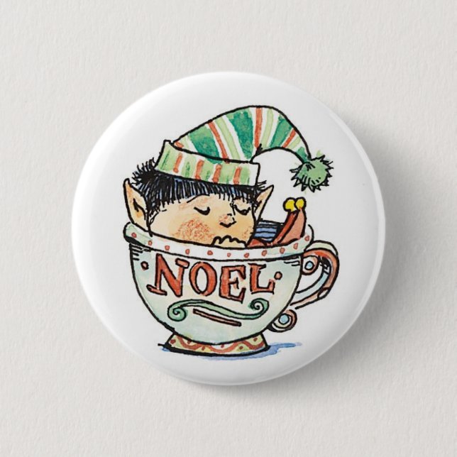Badge Rond 5 Cm Caricature mignonne Elf de Noël dormant dans une t (Devant)