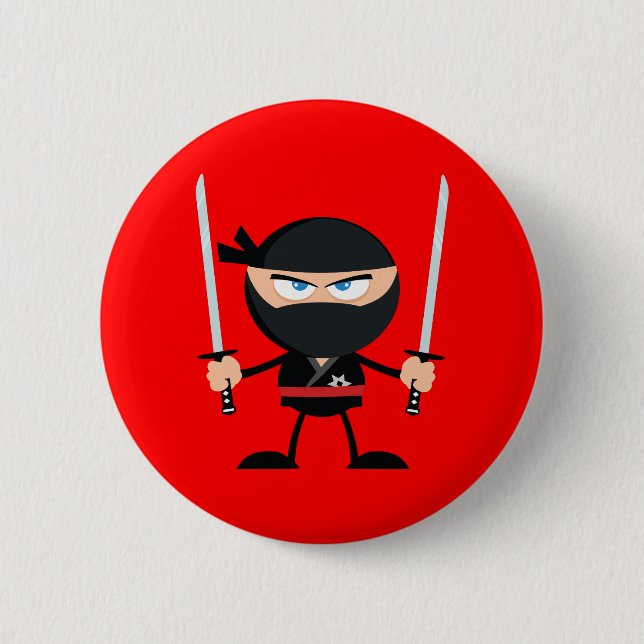 Badge Rond 5 Cm Caricature rouge Ninja Guerrier avec deux Katana (Devant)