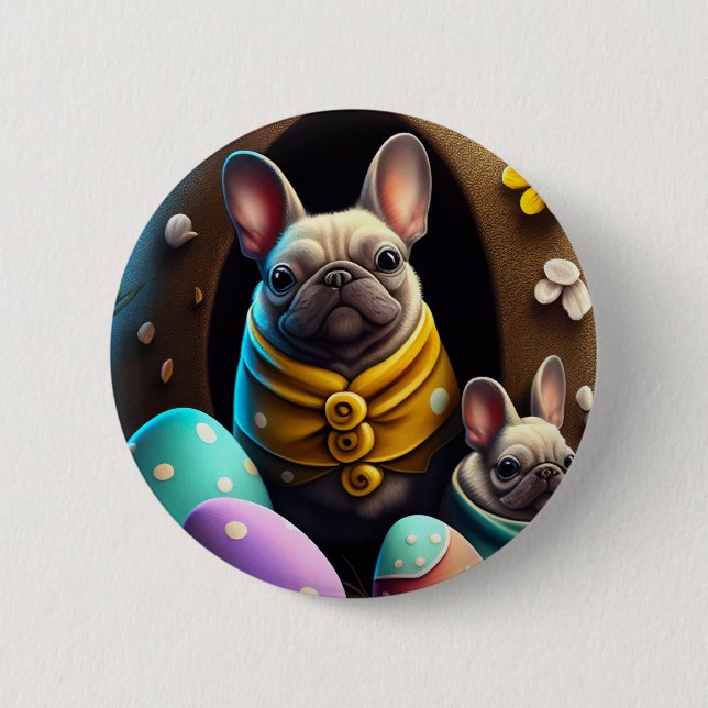 Badge Rond 5 Cm Carlin adorable avec oeufs de Pâques Un festin et  (Devant)