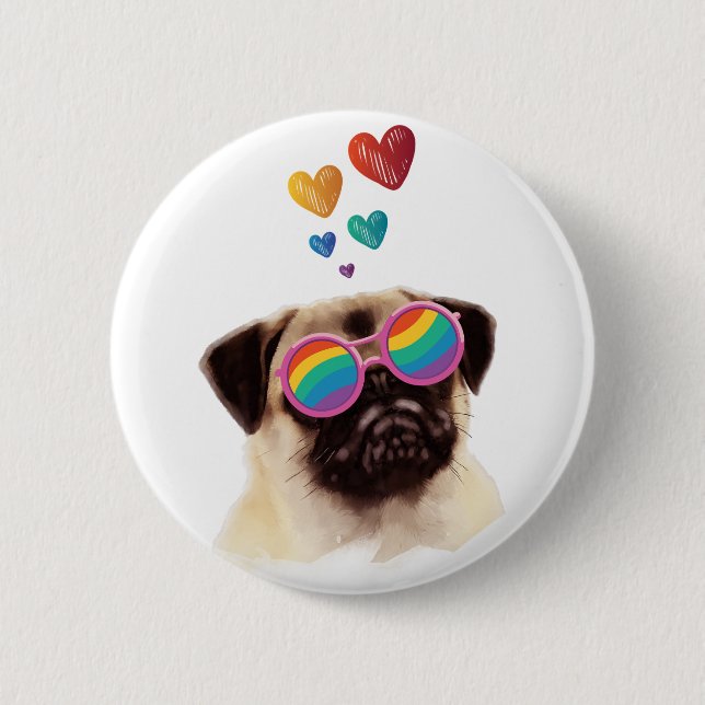 Badge Rond 5 Cm Carlin Chien avec Coeurs Saint-Valentin (Devant)