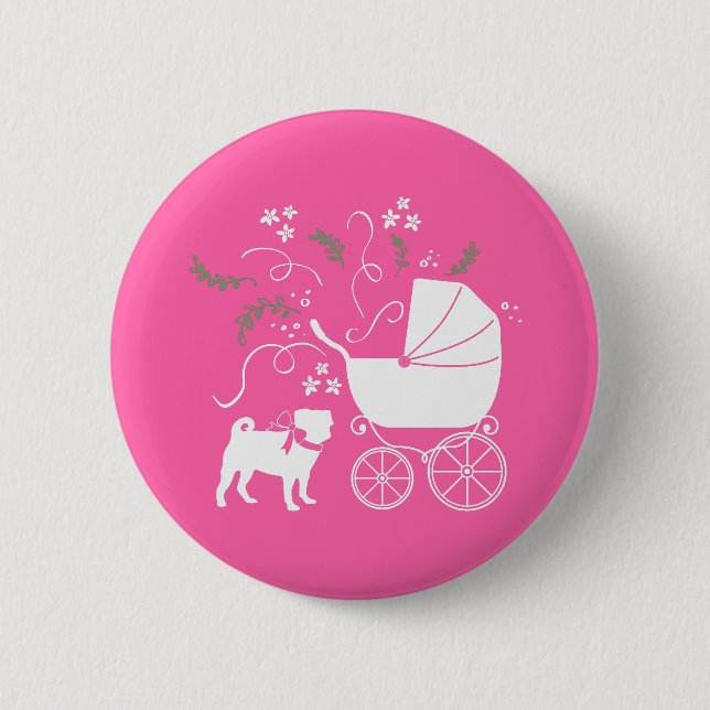 Badge Rond 5 Cm Carlin chien Baby shower fille rose avec la mâchoi (Devant)