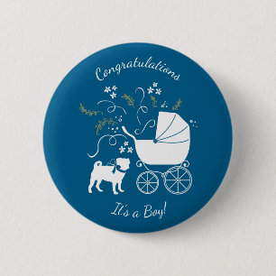 Badge Rond 5 Cm Carlin Chien Baby shower Garçon Bleu avec Bow