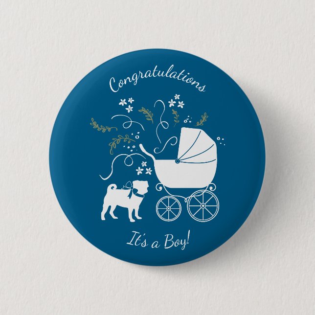 Badge Rond 5 Cm Carlin Chien Baby shower Garçon Bleu avec Bow (Devant)