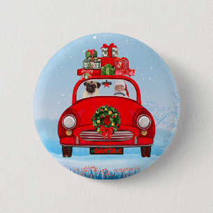 Badge Rond 5 Cm Carlin Chien En Voiture Avec Le Père Noël