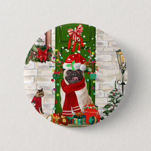 Badge Rond 5 Cm Carlin Chien Noël