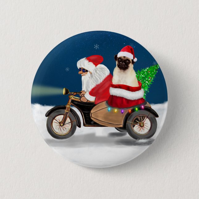 Badge Rond 5 Cm Carlin Chien Noël Père Noël (Devant)