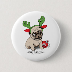 Badge Rond 5 Cm Carlin de chiot de Joyeux Noël