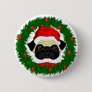 Badge Rond 5 Cm Carlin de Noël mignon Père Noël en couronne