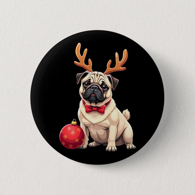 Badge Rond 5 Cm Carlin Dog Reindeer Xmas Amoureux des chiens Funny (Devant)