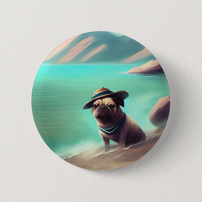 Badge Rond 5 Cm Carlin profitant de la peinture sur plage (Devant)
