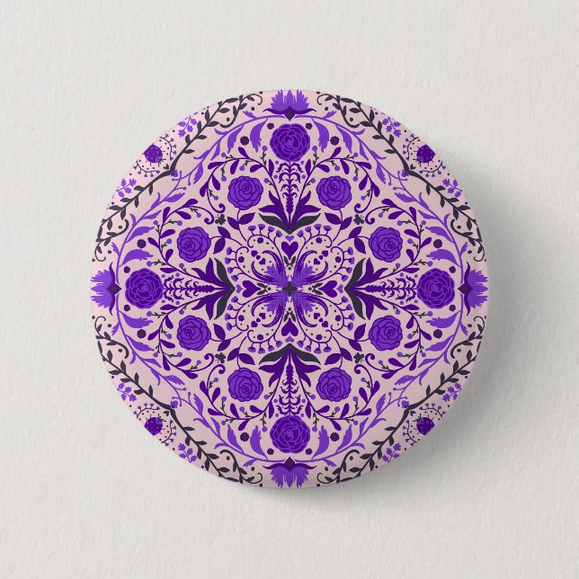 Badge Rond 5 Cm Carreaux floraux en violet et coton bonbon rose (Devant)