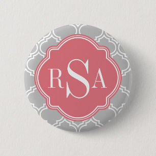 Badge Rond 5 Cm Carreaux gris Motif Monogramme rose
