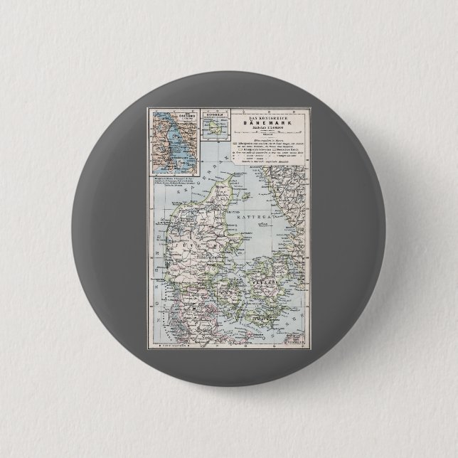 Badge Rond 5 Cm Carte antique du Danemark, Danmark en danois, 1905 (Devant)
