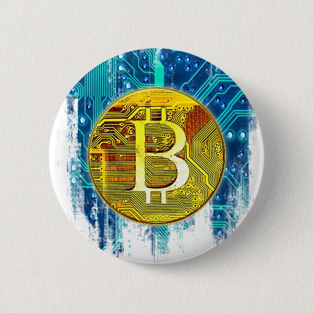 Badge Rond 5 Cm Carte Bitcoin Cryptomonnaie et circuit (Devant)