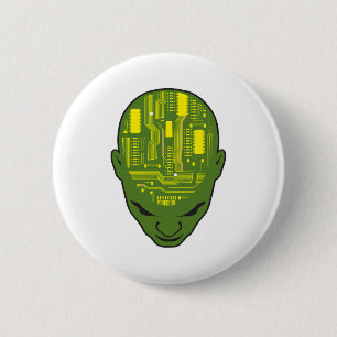 Badge Rond 5 Cm carte de circuit imprimé tête de cerveau jaune et