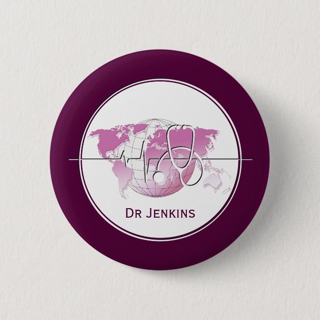 Badge Rond 5 Cm Carte du monde de battement de coeur de stéthoscop (Devant)