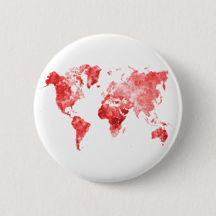 Badge Rond 5 Cm Carte du monde en aquarelle Rouge
