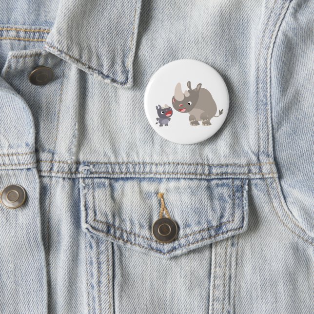 Badge Rond 5 Cm Carton mignon Big Rhino et Baby Rhino (En situation)