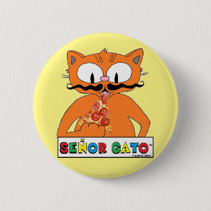 Badge Rond 5 Cm Cartoon Mustache Cat Eating Pizza