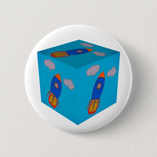 Badge Rond 5 Cm Cartoon Space Rocket Flying Et Blue Sky Cube (Devant)