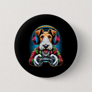 Badge Rond 5 Cm Casque Jeux Vidéo Fil Fox Terrier Chien Gaming