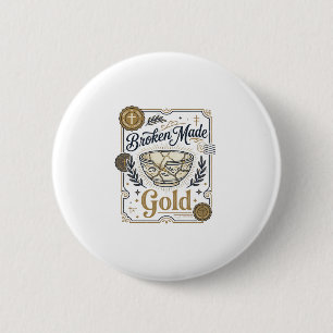 Badge Rond 5 Cm Cassé Fait Or Jésus Kintsugi Poterie Cassée Chr