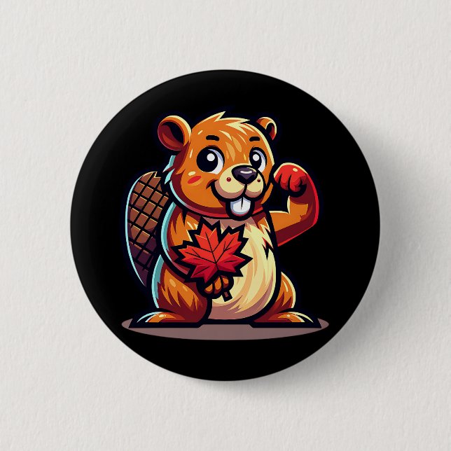 Badge Rond 5 Cm Castor avec feuille d'érable et coudes au Canada (Devant)